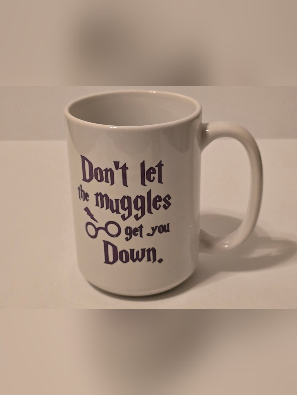 Harry Potter Quote Mug 'Don't Let the Muggles Get You Down' White Purple 4.5in